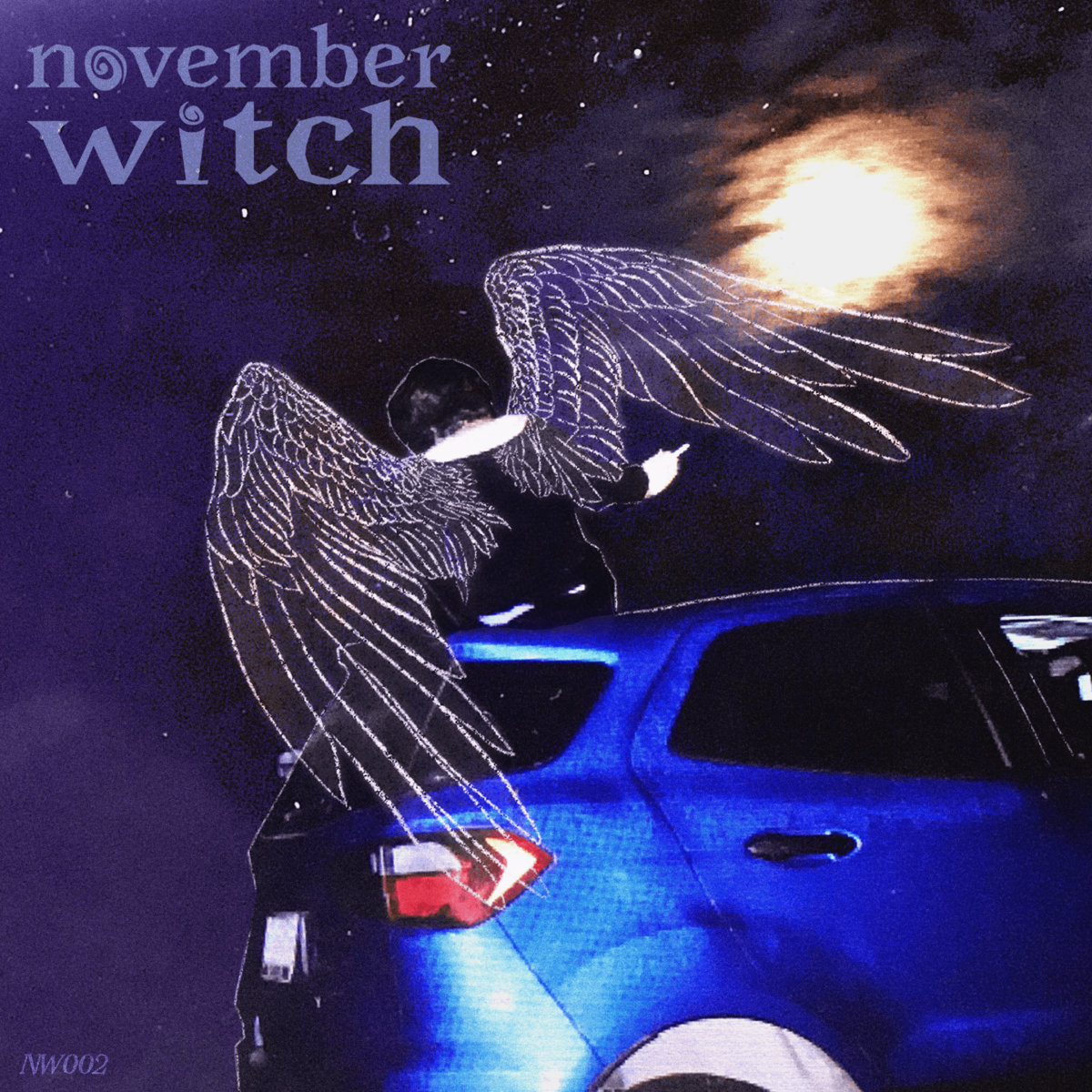 The cover art for November Witch's song Selena - Jack sitting on top of a blue EcoSport holding a cigarette, with drawn-on angel wings