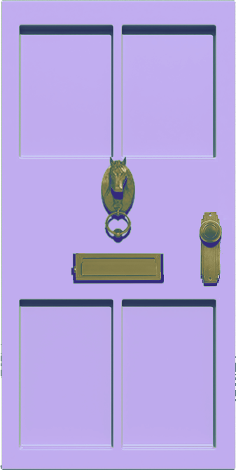 A closed door with a horse knocker that opens on hover, revealing a glowing portal to the Shows page.