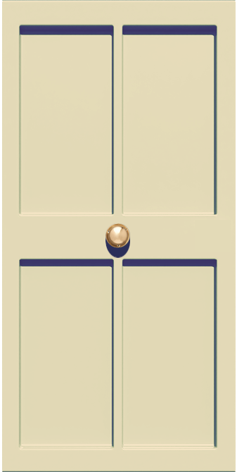 A closed victorian door that opens on hover, revealing a glowing portal to the Contact page.