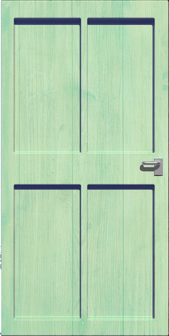A closed wooden door that opens on hover, revealing a glowing portal to the About page.